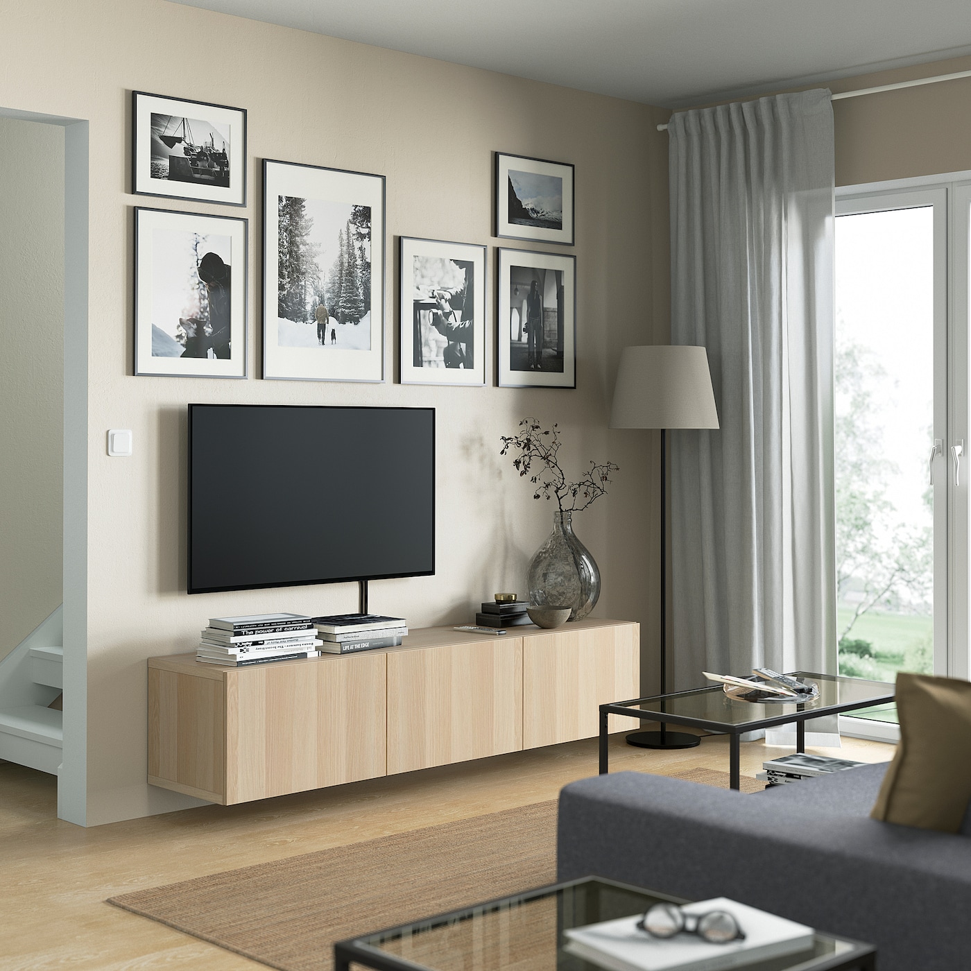 BESTÅ TV bench with doors white stained oak effect/Lappviken white 