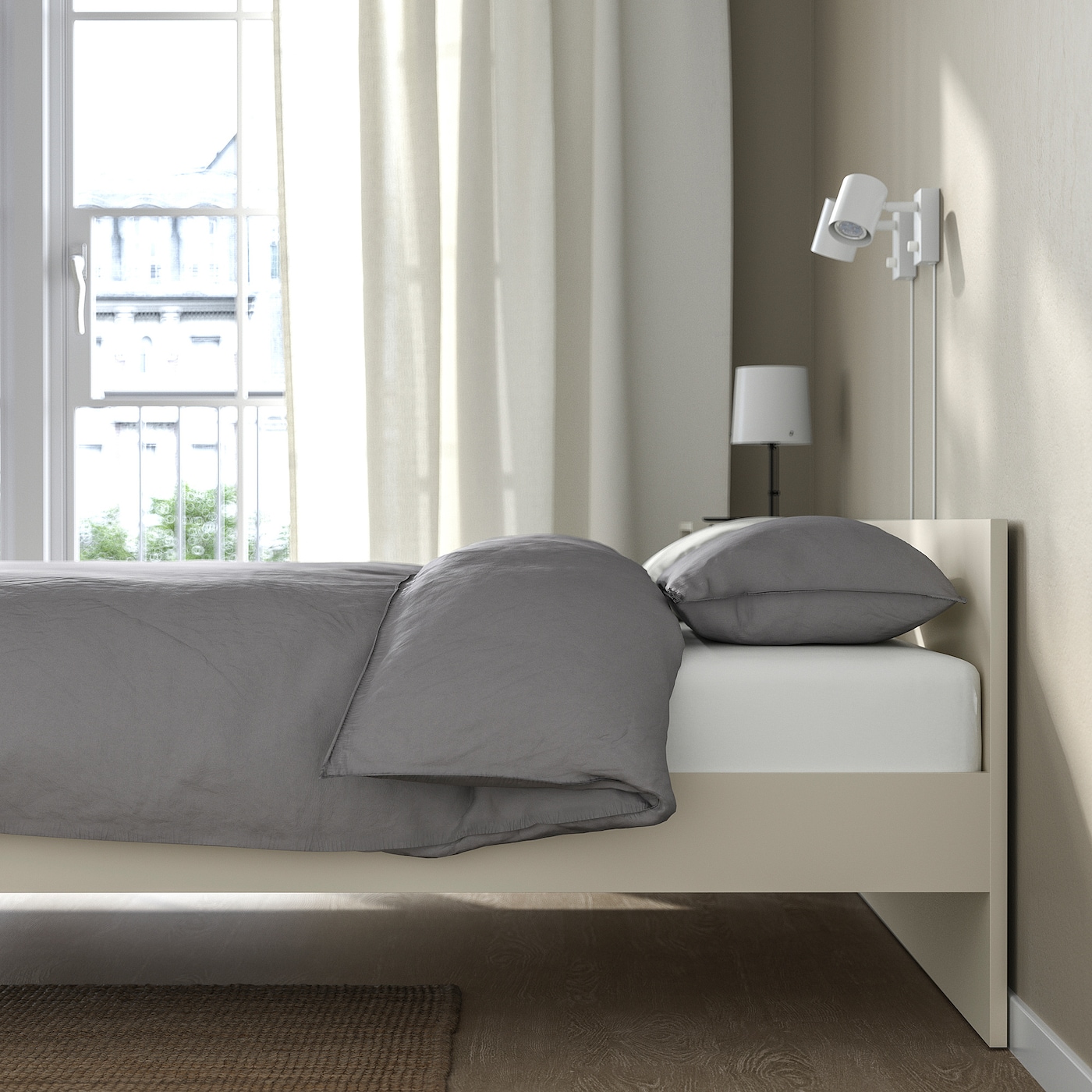GURSKEN bed frame with headboard light beige/Luröy - IKEA