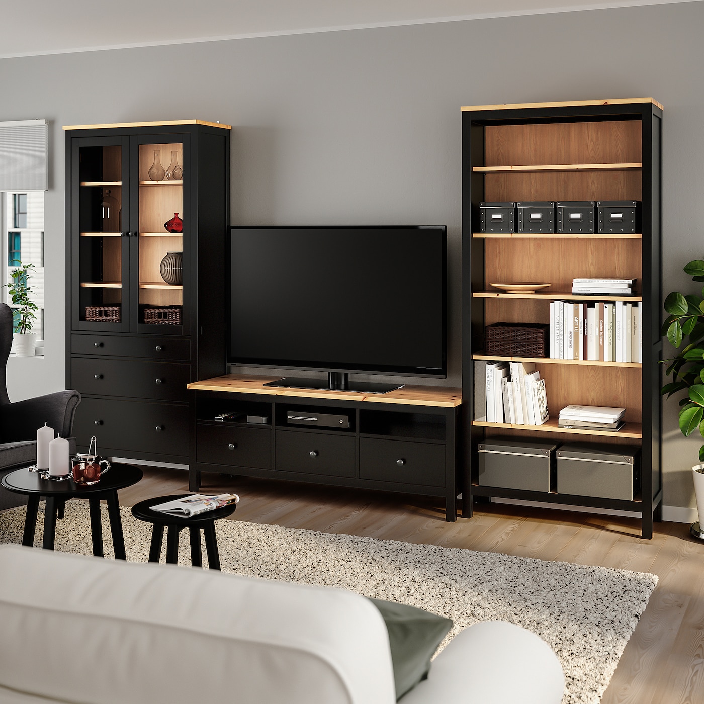 HEMNES TV storage combination black-brown/light brown clear glass 