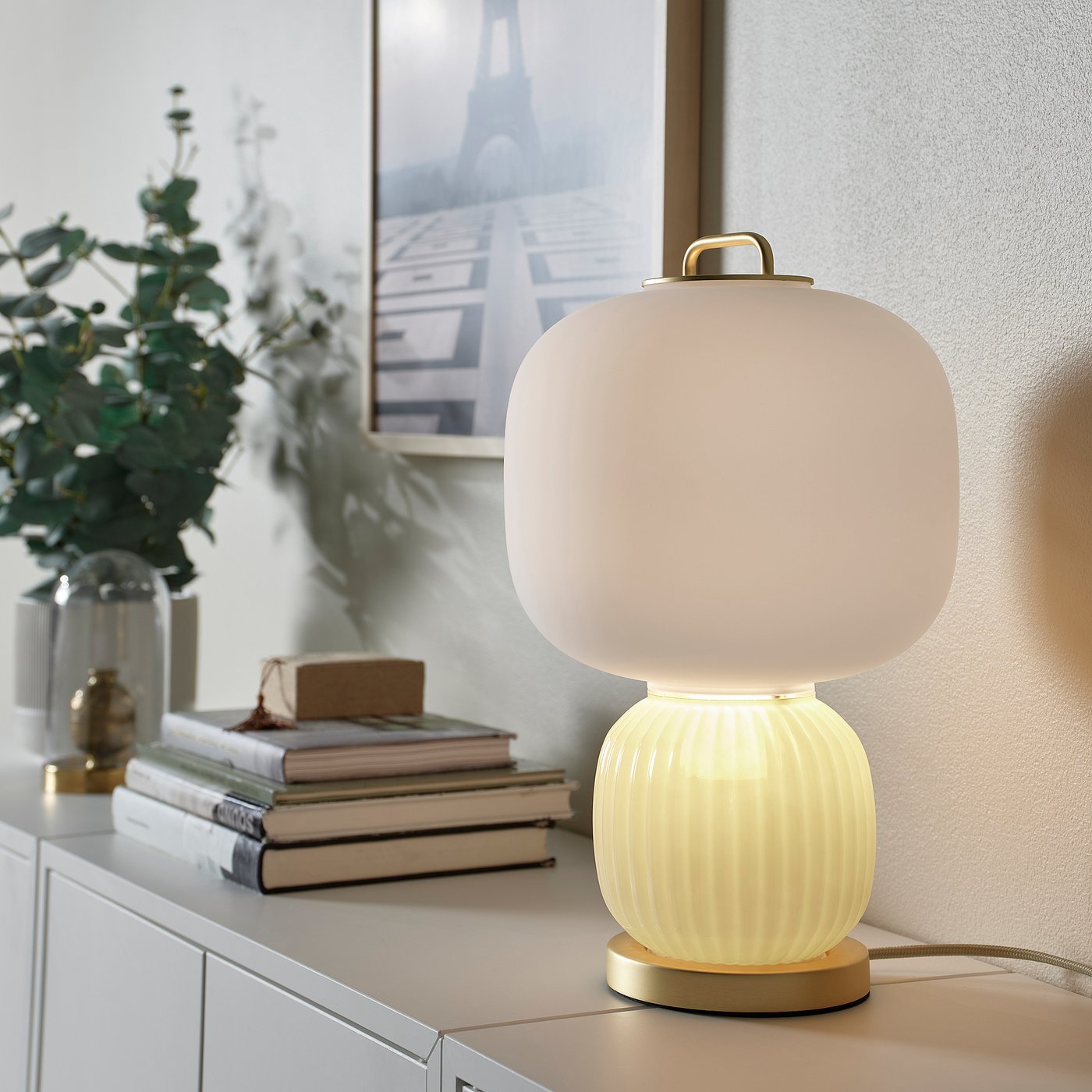 PILBLIXT table lamp white/light green glass/gold effect metal - IKEA
