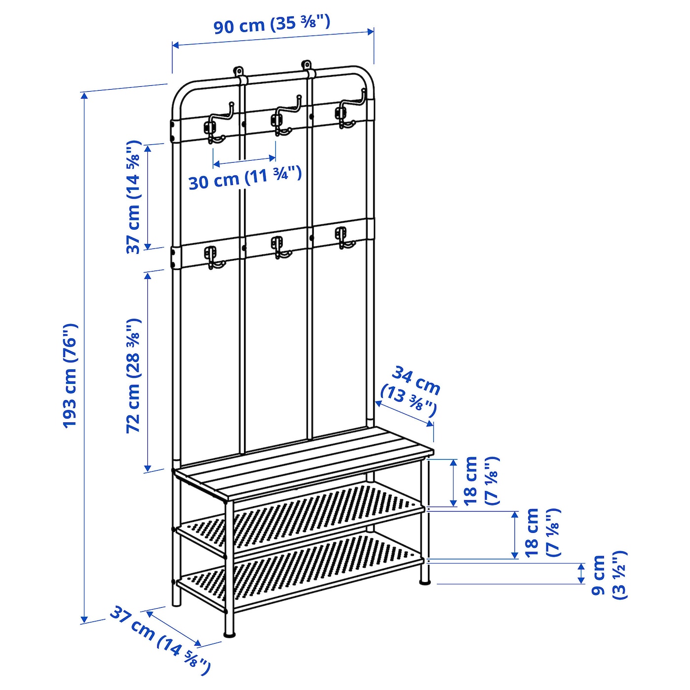 PINNIG coat rack with shoe storage bench, black, 193x37x90 cm