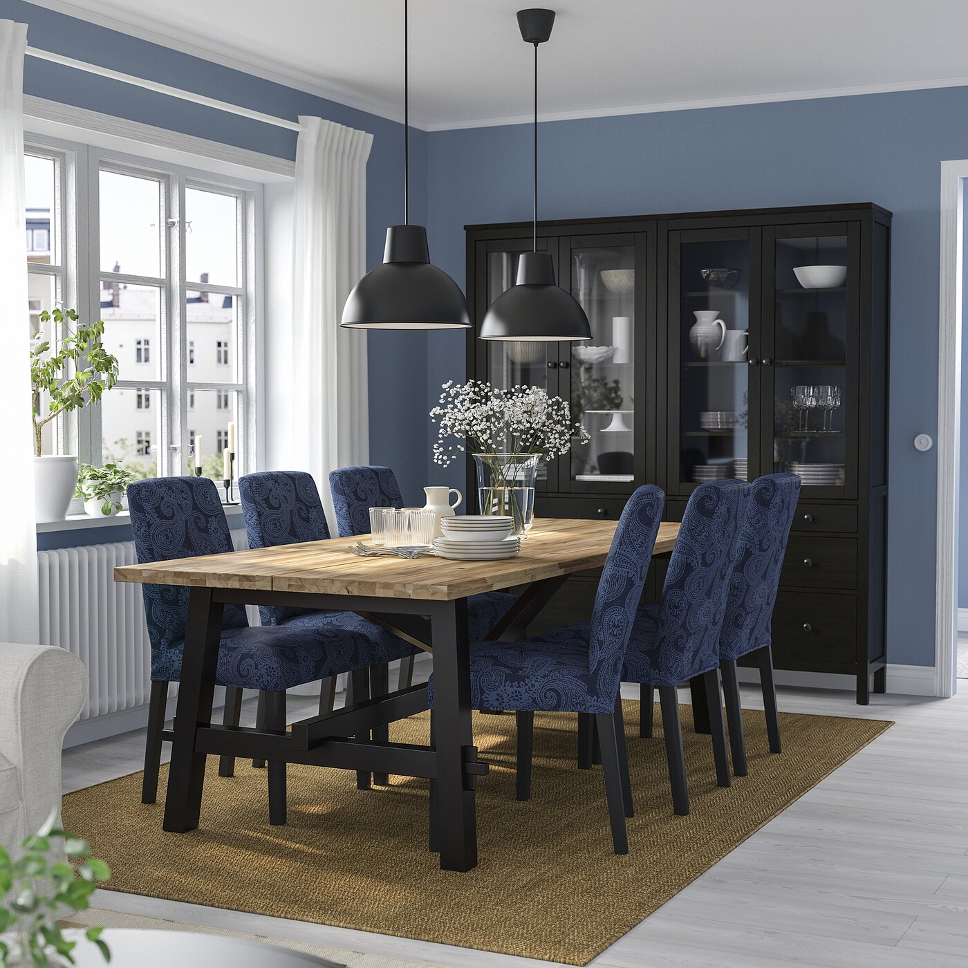 SKOGSTA / BERGMUND table and 6 chairs acacia/Kvillsfors dark blue/blue ...